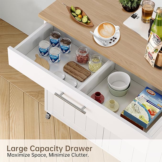 Kitchen Island with Storage, Wooden Rolling Kitchen Island On Wheels with Wood Top, Mobile Kitchen Bar Cart Cabinet with Towel Rack, Spice Rack and Drawers, White