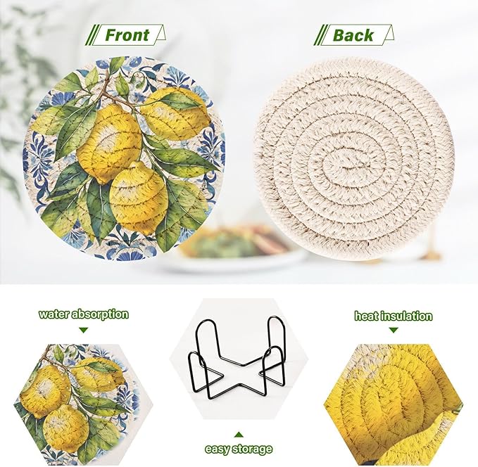 Cup Coasters for Drinks Lemon Italian Tile Blue E Coasters Set of 6, Absorbent Coaster with Holder Cotton Woven Coaster for Coffee Wooden Table Home Decor