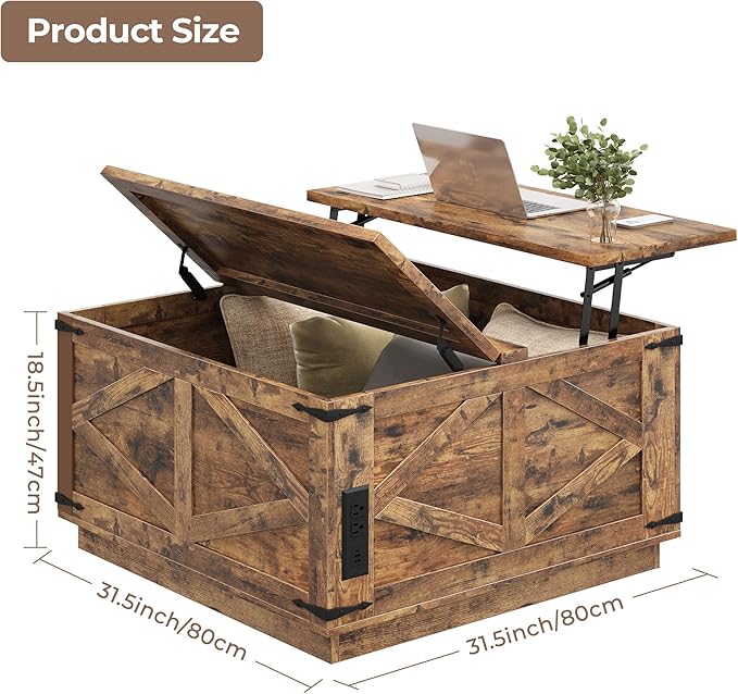 Farmhouse Lift Top Coffee Table, Square Wood Center Table with LED Lighting, USB-C Charging Station, and Hidden Storage Compartment - Rustic Brown Living Room Furniture