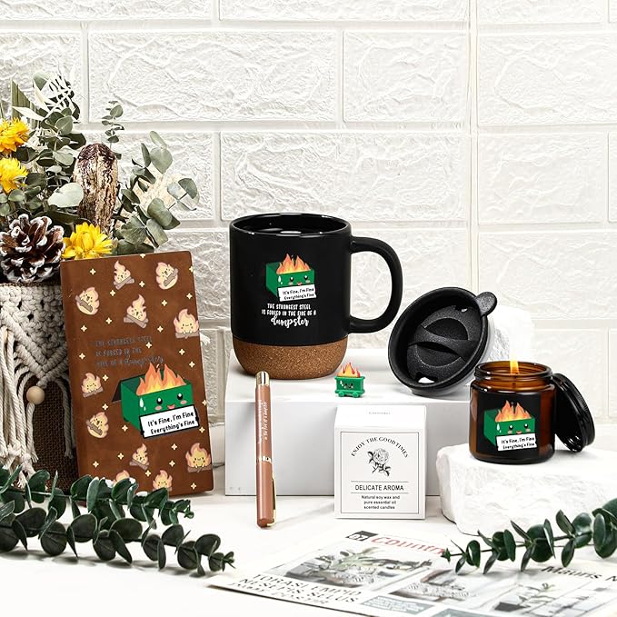4 Pcs Funny Dumpster Gag Gifts Set for Employee Coworker Valentines Day Emotional Dumpster Notebook Mug Ballpoint Pen Scented Candle Appreciation Gift for Work Team Staff Teacher Nurse Boss
