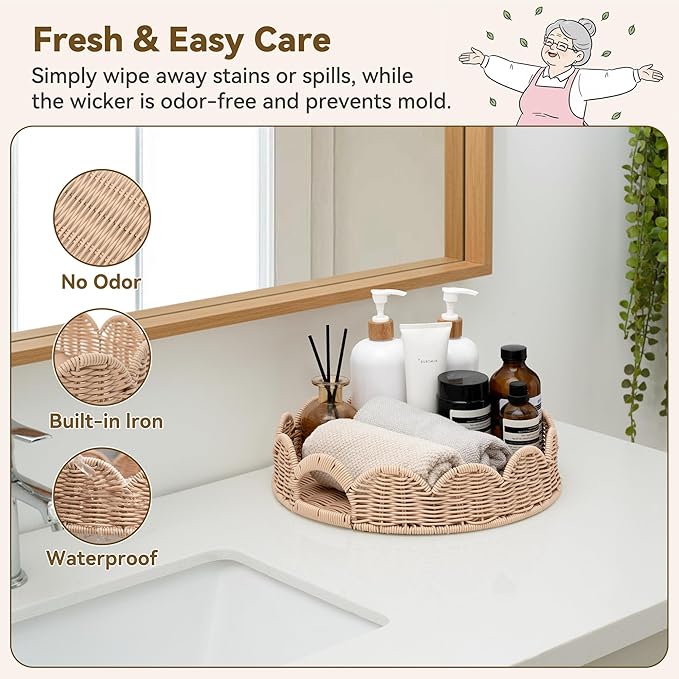 GRANNY SAYS Wicker Decorative Scalloped Trays for Home Decor, Coffee Table Trays with Handles, Woven Rattan Tray for Kitchen Counter, Round Serving Tray Decor for Living Room and Ottoman