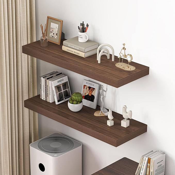 Dreamland 40" Floating Shelves for Wall, 12" Deep Thicker Walnut Floating Shelves, Wall-Mounted Shelves for Bedroom, Living Room, Kitchen, Bathroom - Set of 2