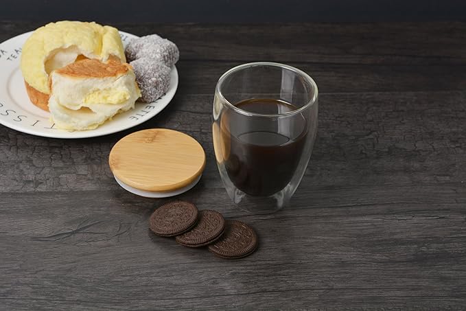 Glass Mug Set of 2, 12 Ounces Each, Double Wall Insulated Drinking Cup with Bamboo Lid, Also Good as Tea, Coffee and Wine Cups. Keeps Warm and Cold Drinks Longer. Comfortable to Touch