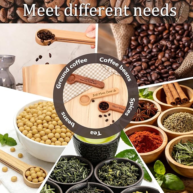 Personalized Wooden Coffee Scoop with Clip, Custom Engraved Measuring Coffee Spoon with Name for Ground Beans or Tea, Sugar, Protein Powder, Coffee Lover Family Dad Mom Birthday Valentines Gifts