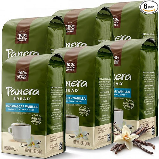 Panera Madagascar Vanilla Ground Coffee - Light Roast, Natural Vanilla Flavor - 100% Arabica, No Artificial Ingredients - Bakery-Cafe Quality - 12oz Bag, Pack of 6 (72oz Total)