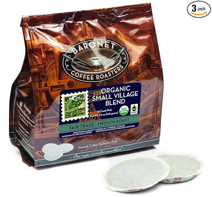 Baronet Coffee Pods [Organic Small Village-54 Pods] Single Cup Use Like Senseo - 3 Bags of 18 Single Serve 8 Gram, Regular Strength, Medium Roast [Organic Small Vill]