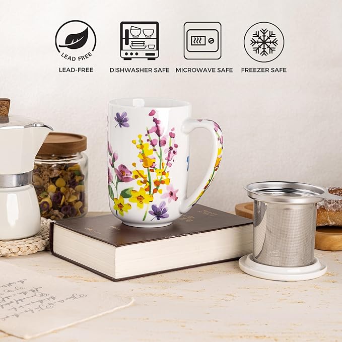 GBHOME Tea Mug with Infuser and Lid, 18 Ounce Large Ceramic Loose Leaf Cup, Microwave, Dishwasher Safe, Perfect For Tea Lovers