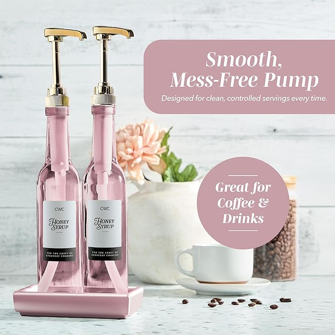 COOK WITH COLOR Glass Coffee Syrup Dispenser with Pump- Set of 2 Syrup Bottles for Coffee Bar, Decorative 350 ML Bottle with Ceramic Holder, Funnel, Labels and Extra Pumps, Pink