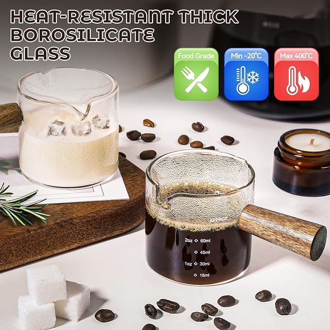 2 Pack Espresso Shot Cups Measuring cups, Wooden Handle V-Shaped Double Spout Espresso Shot Glass, Coffee Bar Essentials, coffee accessories