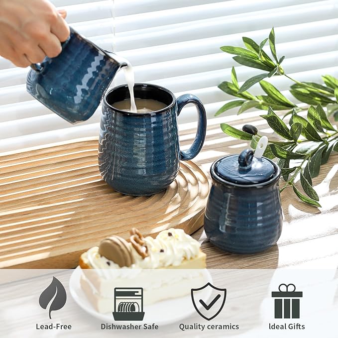 Ceramic Sugar and Creamer Container Set of 3,10 Ounce Cream Pitcher,11 Ounce Sugar Bowl with Lid and Spoon,Farmhouse Coffee Bar Accessories Set for Serving,Microwave & Dishwasher Safe,Blue