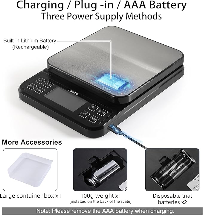 BOMATA Large Kitchen Scale with 0.1g/0.001oz High Precision, 5kg/11lb Bakery Scale with% Percentage Function, USB Rechargeable, Full-View Angle LCD with Backlight, Stainless Steel Pan