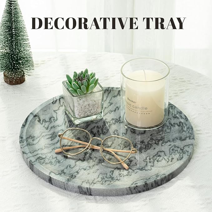 Natural Marble Tray, 11.8in Serving Tray for Fruit, Round Decorative Vanity Dish for Jewelry&Key, Quality Storage Plate for Kitchen Coffee Table and Bathroom Desktop, Monte Grigio
