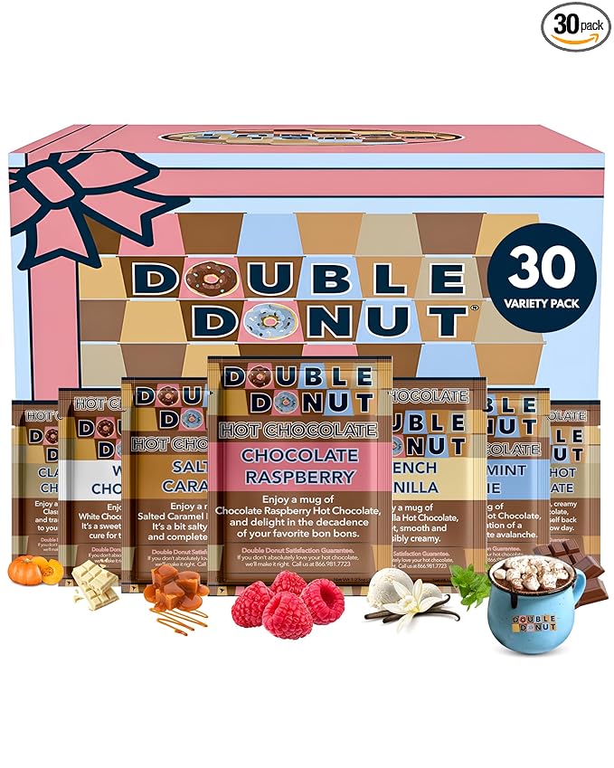 Double Donut Coffee Flavored Hot Chocolate Packets, Gourmet Hot Cocoa Mix Variety Pack 30 Count Includes Classic, White Chocolate, Choc Raspberry, Salted Caramel, French Vanilla & Peppermint