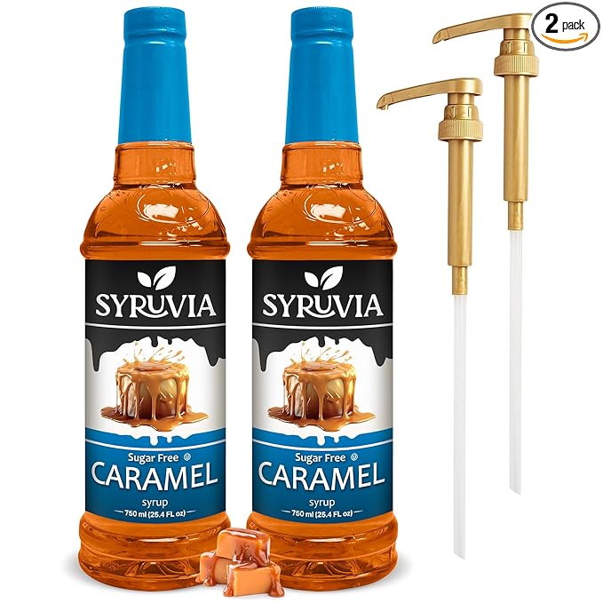 Syruvia Sugar-Free Caramel - 25.4 fl oz. Premium Coffee Flavoring Syrup. 0 Calories, Kosher, and Gluten-Free. Perfect for Drinks, Sodas, Shakes, Desserts, and More With Pump (Pack of 2)