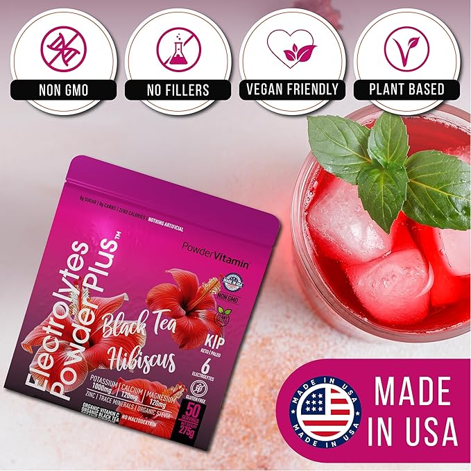 PowderVitamin Electrolytes Powder Plus (50 Servings) Black Tea Hibiscus Electrolyte Powder Keto, Sugar Free, Pink Himalayan Salt,1000mg Potassium,120mg Calcium,120mg Magnesium, Hydration Powder