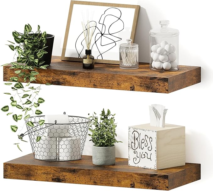 Vivelove Floating Shelves for Wall 16 inchs Long, Bathroom Shelves Over Toilet, for Bedroom, Living Room, Kitchen, Farmhouse Decor, Rustic Wall Shelves with Invisible Brackets - Set of 2, Rustic Brown