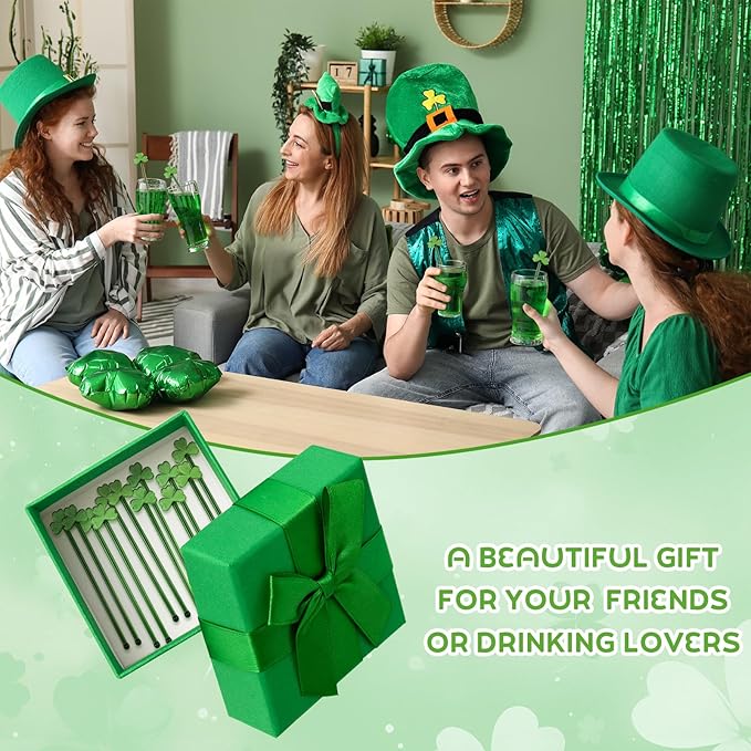 12 Pcs St. Patrick's Day Glass Drink Stirrers 7 Inch Swizzle Sticks for Cocktails Coffee Reusable Green Shamrock Beverage Stir Sticks for Irish Festival Party Coffee Bar Kitchen Bar
