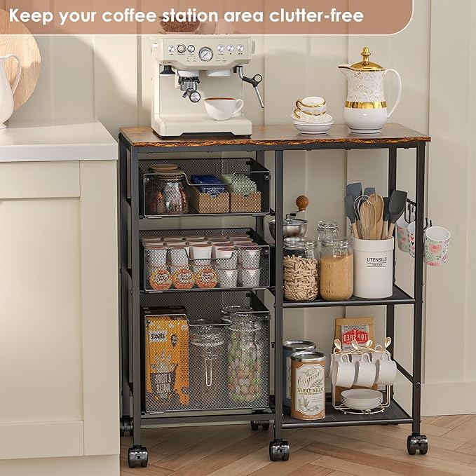 Kitchen Cart with Storage Shelf - Kitchen Organizer and Storage Cart, 3-Tier Microwave Cart with Storage Drawers, Wooden Top Metal Wire Utility Cart with Lockable Wheels for Kitchen