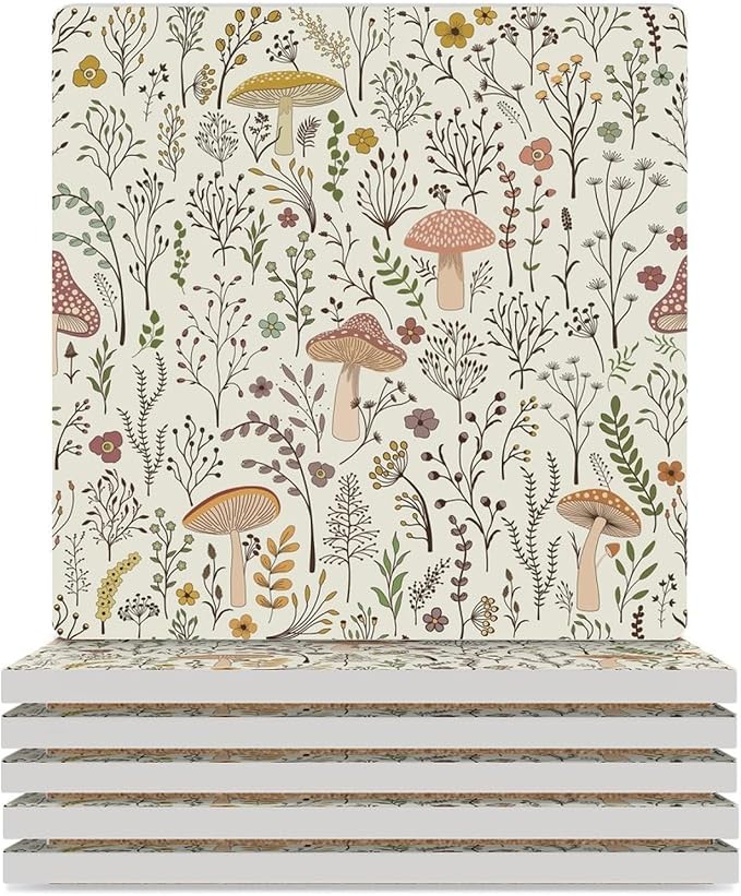 6PCS Botanical Drink Coasters, Square Modern Ceramic Absorbent Coasters, Colorful Mushroom Floral Green Leaves Boho Plants Botanical Decor Desk Coffee Table Coaster for Beverage Cup Tea Coasters