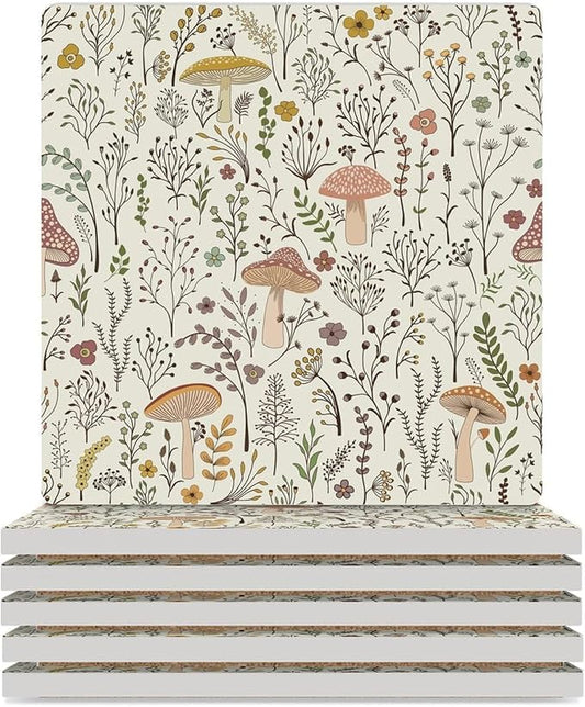 6PCS Botanical Drink Coasters, Square Modern Ceramic Absorbent Coasters, Colorful Mushroom Floral Green Leaves Boho Plants Botanical Decor Desk Coffee Table Coaster for Beverage Cup Tea Coasters