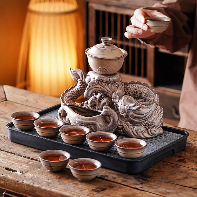 Semi Automatic Tea Set Ceramic Teapot with Infuser Magic Teapot with 8 cups (Retro Dragon-D)