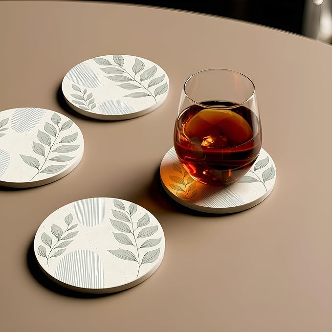 VEYRO Ceramic Coasters Set of 6 – Absorbent Stone Drink Coasters with Holder, Non-Slip Cork Backing, Modern Marble Look Coasters for Coffee Table, Desk & Home Decor