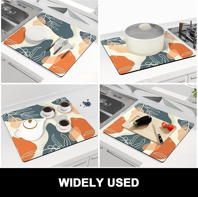 Rnivvi Dish Drying Mat for Kitchen Counter, 16 x 18" Cute Boho Theme Absorbent Heat Resistant Drying Pad with Non-slip Rubber, Coffee Bar Mats for Coffee Machine Dish Rack, Abstract Leaves