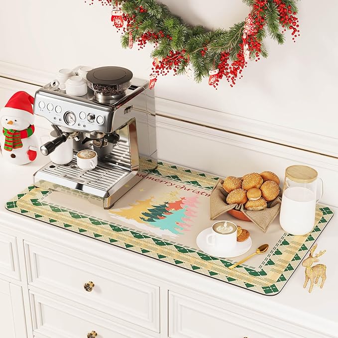 DK177 Coffee Mat - Dish Drying Mat for Kitchen Counter, Hide Stain, Absorbent with Waterproof Rubber Backing, Fit Kitchen Dish Rack Bar Accessories (Christmas Green, 31.5" x 17")