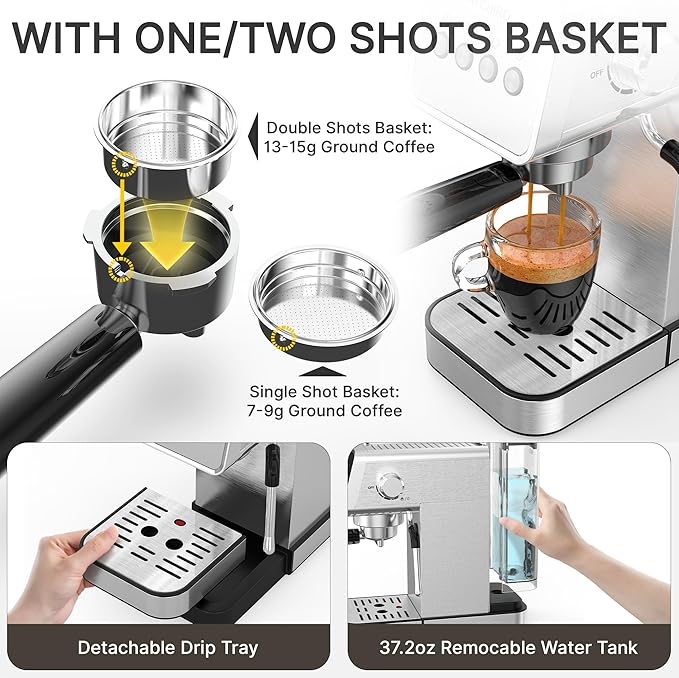 Espresso Machine with Steam Milk Frother, Adjustable Espresso Machine 20 Bar, Compact Espresso Maker for Latte & Cappuccino,Detachable Water Tank/Drip Tray