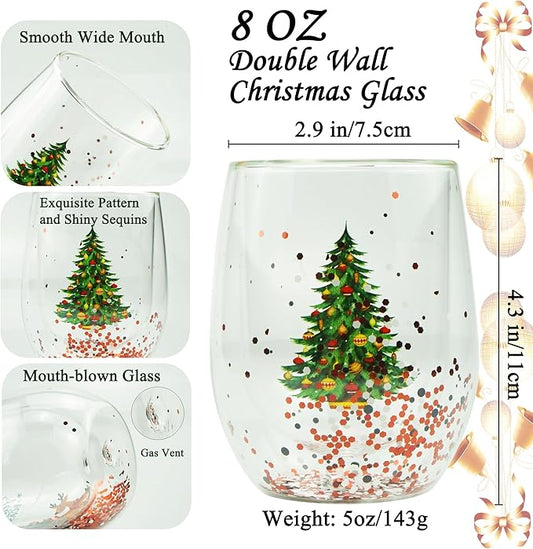 Christmas Mugs, 8 oz Double Wall Insulated Glass Coffee Mugs Set of 2, Cute Funny Mugs Coffee Cups for Cappuccino, Latte, Americano, Tea, Wine and Beverage