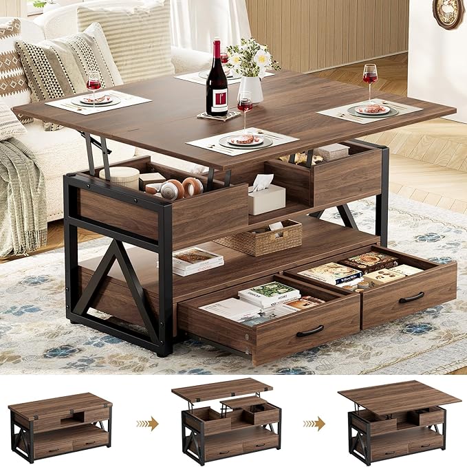 40" Lift Top Coffee Table,4 in 1 Multi-Function Lift Coffee Tables with Storage Drawers and Hidden Compartmen,Farmhouse Coffee Table with Lifting top for Living Room, Walnut