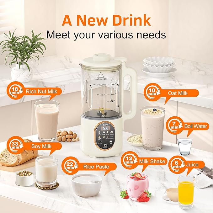 Beyn 10-in-1 Automatic Nut Milk Maker Machine, 60oz Large Capacity with 𝟒𝟖 𝐓𝐢𝐭𝐚𝐧𝐢𝐮𝐦 Blades & Self-Cleaning. for Homemade Almond, Soy, Oat Milk, Milkshake - Delay Start & Keep Warm Functions