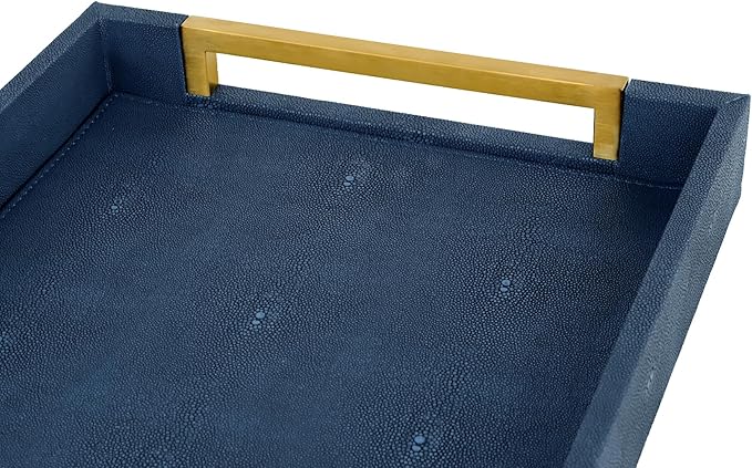 HofferRuffer Faux Leather Serving Tray with Gold Metal Handles, Stylish Decorative Tray Organizer for Coffee Table, Ottoman, Home Decor and Serving (Blue Shagreen, 16.2" x 12.2" x 2")