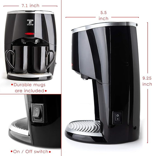 Moss & Stone Mini Drip Coffee Maker with Mug (5 oz Mugs), Small Coffee Pot With 2 Coffee Cups, Mini Coffee Maker (2 Drip & 2 Mug)