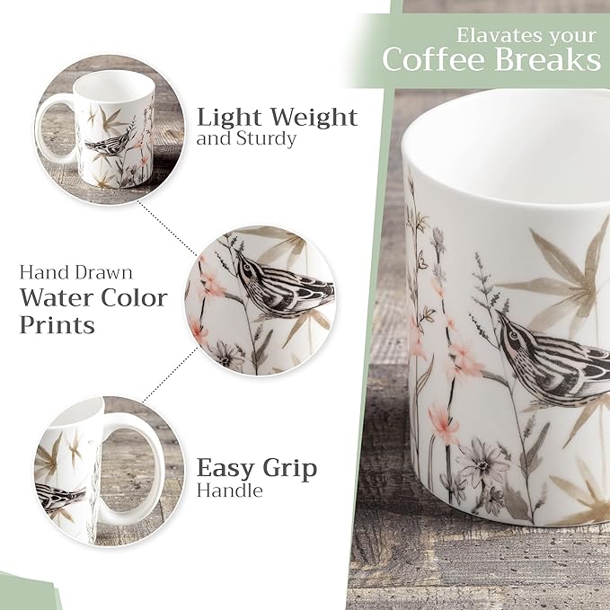 Maison d' Hermine Coffee Mug with Handles Fine Bone China Mugs Pack of One Tea Cups for Hot Beverages Cappuccino Latte Home Office Perfect for Gift (Meadow Florals - Brown Meadow Mornings, 15 Ounce)