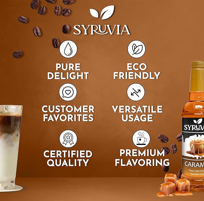 Syruvia Caramel Coffee Syrup – 25.4 fl oz – Syrup for Coffee, Lattes, Shakes, Smoothies, Desserts – 100% Vegan, Gluten Free, Kosher, Delicious Coffee Syrup, (Pack of 3)
