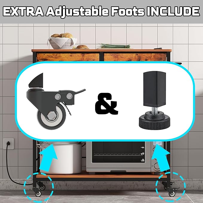 Kitchen Island with Storage,Mobile Kitchen Island Cart with Power Outlet,Industrial Kitchen Island on Wheels,Island Table for Kitchen