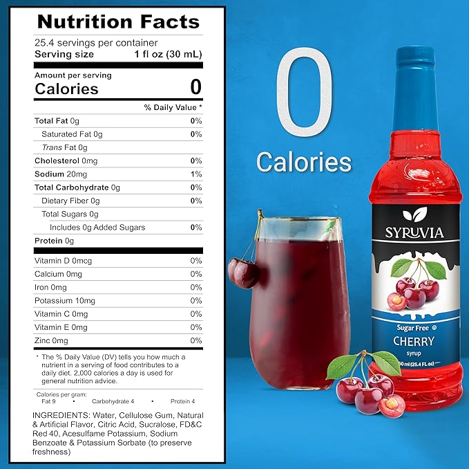 Syruvia Sugar-Free Cherry Syrup, Flavored Syrup for Drinks, Cocktails, Lemonades, Iced Teas, and Desserts – 25.4 fl oz, With Pump