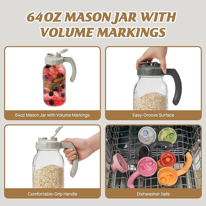 Soligt Glass Mason Jar Pitcher with Lid, Wide Mouth Flip Cap Pour Spout Leak-proof Lid with Handle, 64 oz (2 Quart / 1.9 Liter), for Iced Coffee/Sun Tea Juice/Cold Brew/Milk (1 Pack, Dark Gray)