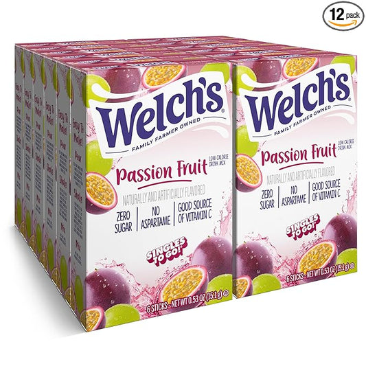 Welch's Singles To Go Water Drink Mix - Passion Fruit Powder Sticks (12 Boxes with 6 Packets Each - 72 Total Servings)
