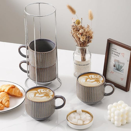 HASENSE Porcealin Coffee Mugs, Stackable Coffee Cups Set of 4 with Stand - 15 oz Large Ceramic Ribbed Latte Cup Set for Cappuccino, Tea, Hot Cocoa, Drinks - Dishwasher & Microwave Safe, Brown
