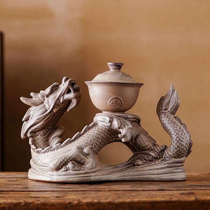 Ceramic Teapot with Infuser Semi Automatic Tea Set Magic Teapot with 8 cups Gradient Color (Retro Dragon- A)
