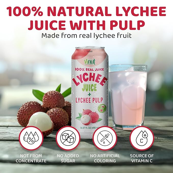 VINUT 100% Natural Lychee Juice Drink with Pulp, Real Lychee Juice, Gluten Free, GMO-Free, 16.57 fl oz, Pack of 12