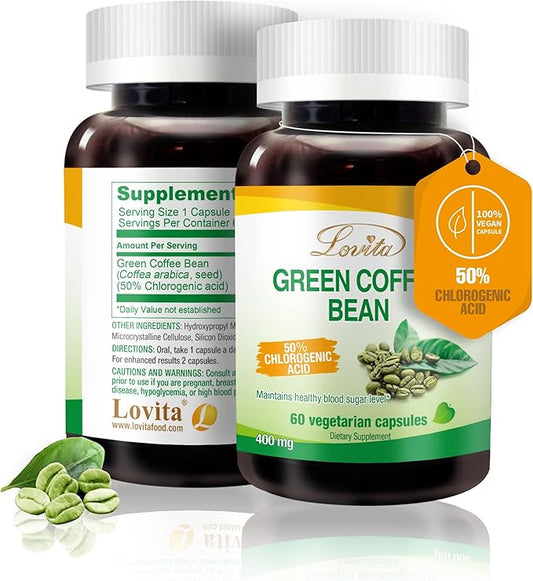 Lovita Green Coffee Bean Extract 1600 mg Equivalent, High Potent Green Coffee Extract with 50% Chlorogenic Acid for Natural Antioxidant & Size Reduction, Vegan Friendly, 60 Veggie Capsules