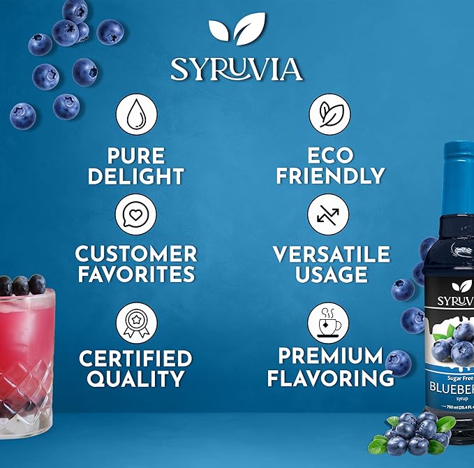 Syruvia Sugar-Free Blueberry Syrup, Flavored Syrup for Drinks, Cocktails, Lemonades, Iced Teas, and Desserts – 25.4 fl oz, With Pump