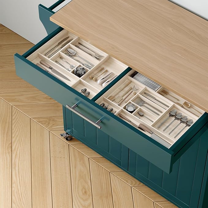 Kitchen Storage Island, Wooden Rolling Kitchen Island On Wheels with Countertop, Mobile Kitchen Island Cart with Towel Rack, Spice Rack and Drawers, Green
