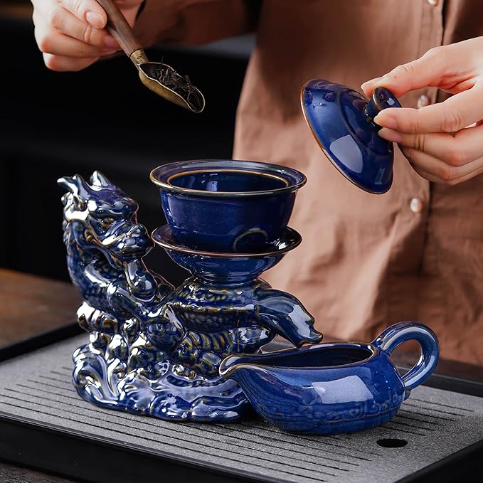 Semi Automatic Tea Set Ceramic Teapot with Infuser Magic Teapot with 8 cups (Dark Blue Dragon-B)
