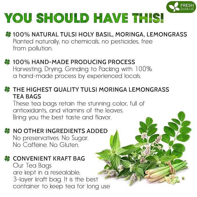 FreshDrinkUS, Premium 135 Tea Bags Tulsi Moringa Lemongrass, 100% Natural & Pure from Tulsi Holy Basil Leaves, Moringa & Lemongrass. Made with Natural Material Tea Bags. No Sugar, No Caffeine, Vegan.