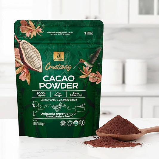 U Chocolate Organic Cacao Powder - Natural - Fresh From our Farm (1 bag (16 oz))