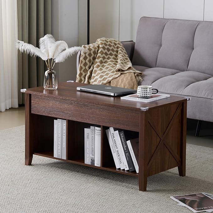 VINGLI Farmhouse Lift Top Coffee Table, Coffee Tables for Living Room with Storage Shelf/Hidden Compartment, Mesa De Centro para Sala, Rustic Brown